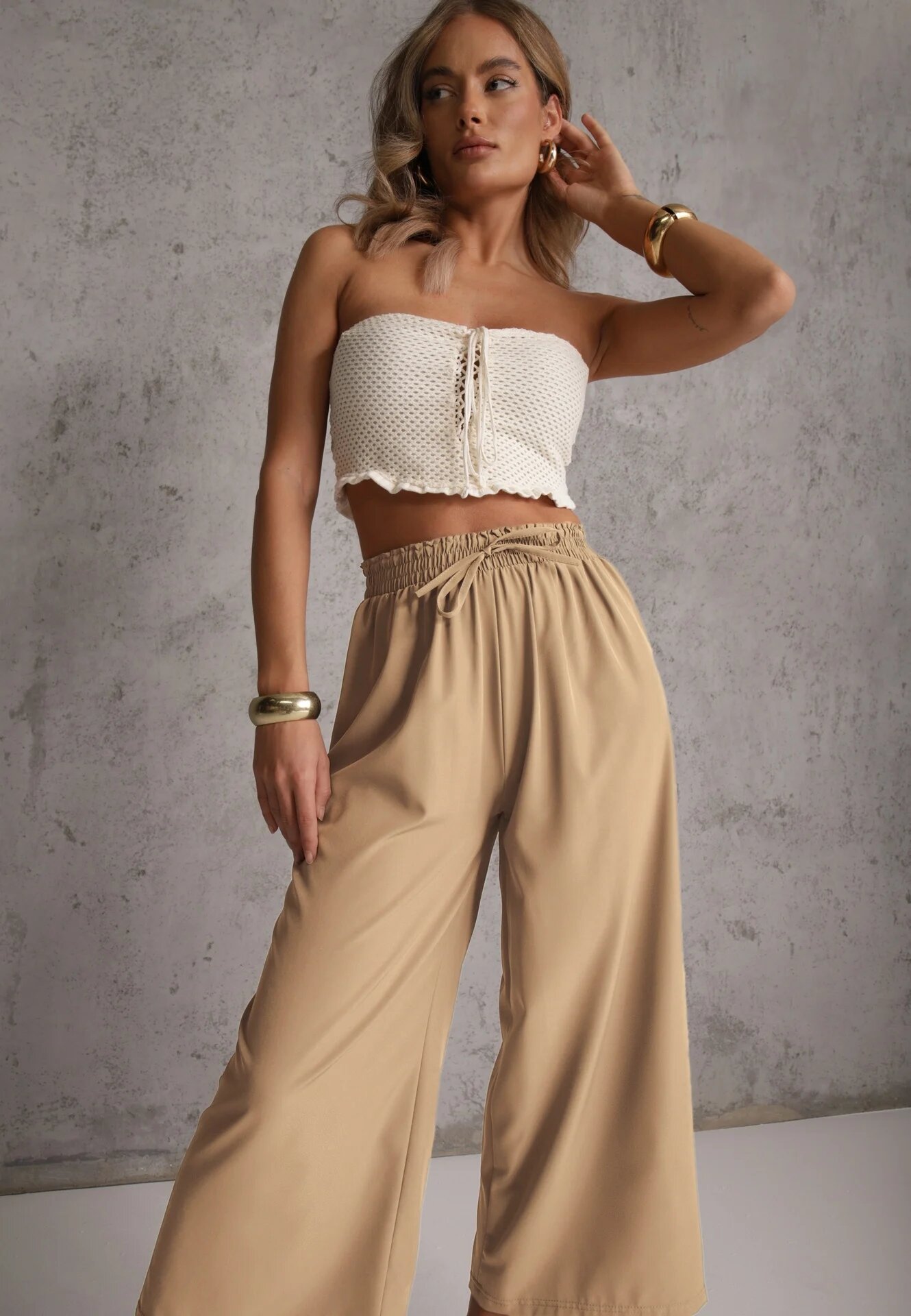 defox Pantaloni Bej High Waist cu Picioare Largi din Viscoză Finisați cu Elastic în Talie Crisantas
