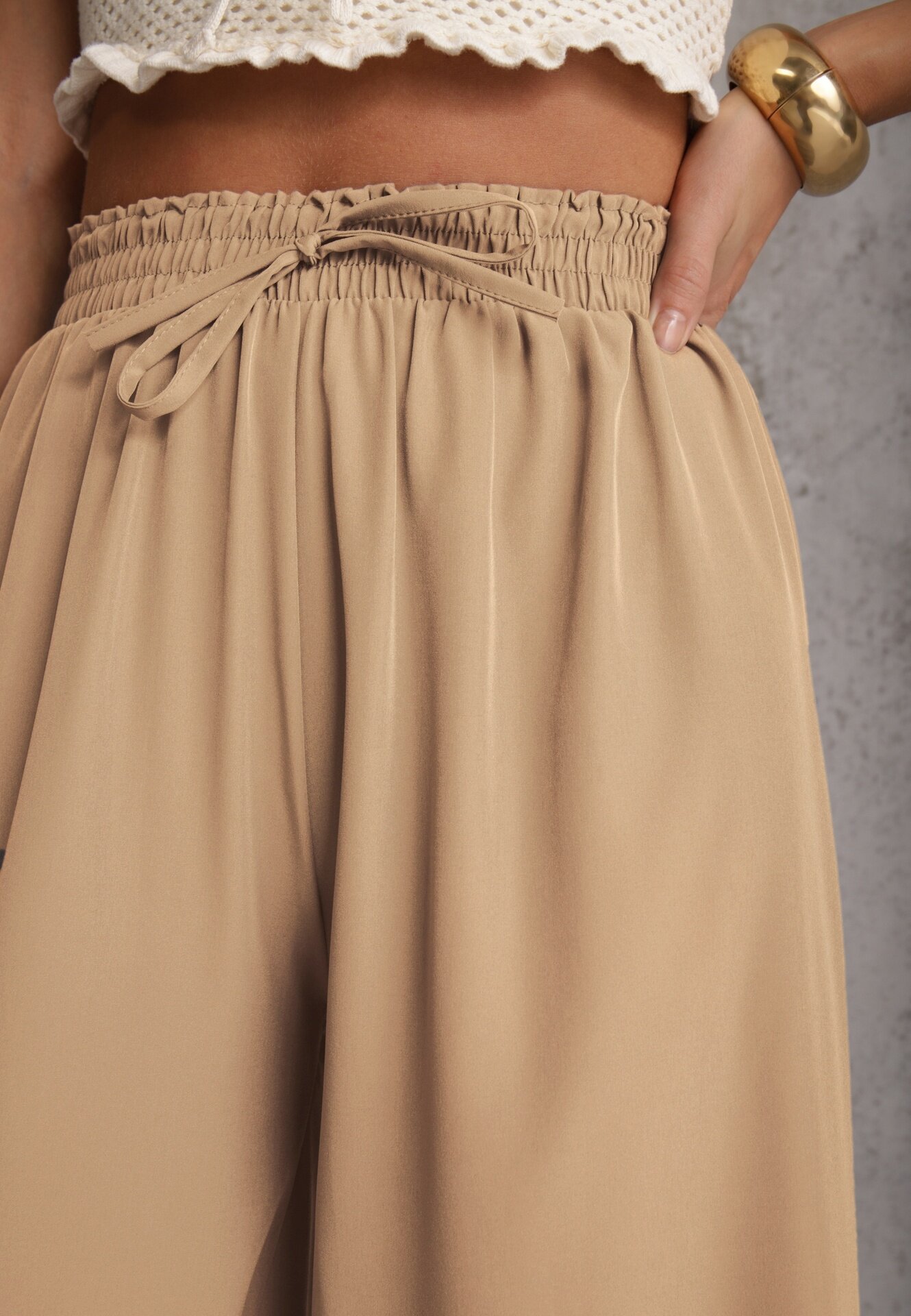 defox Pantaloni Bej High Waist cu Picioare Largi din Viscoză Finisați cu Elastic în Talie Crisantas
