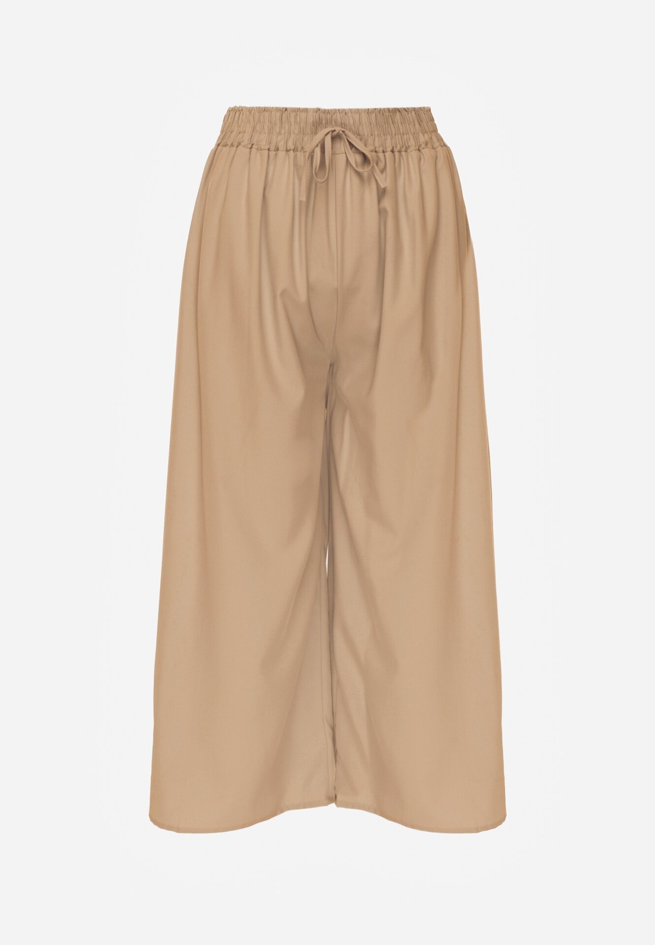 defox Pantaloni Bej High Waist cu Picioare Largi din Viscoză Finisați cu Elastic în Talie Crisantas