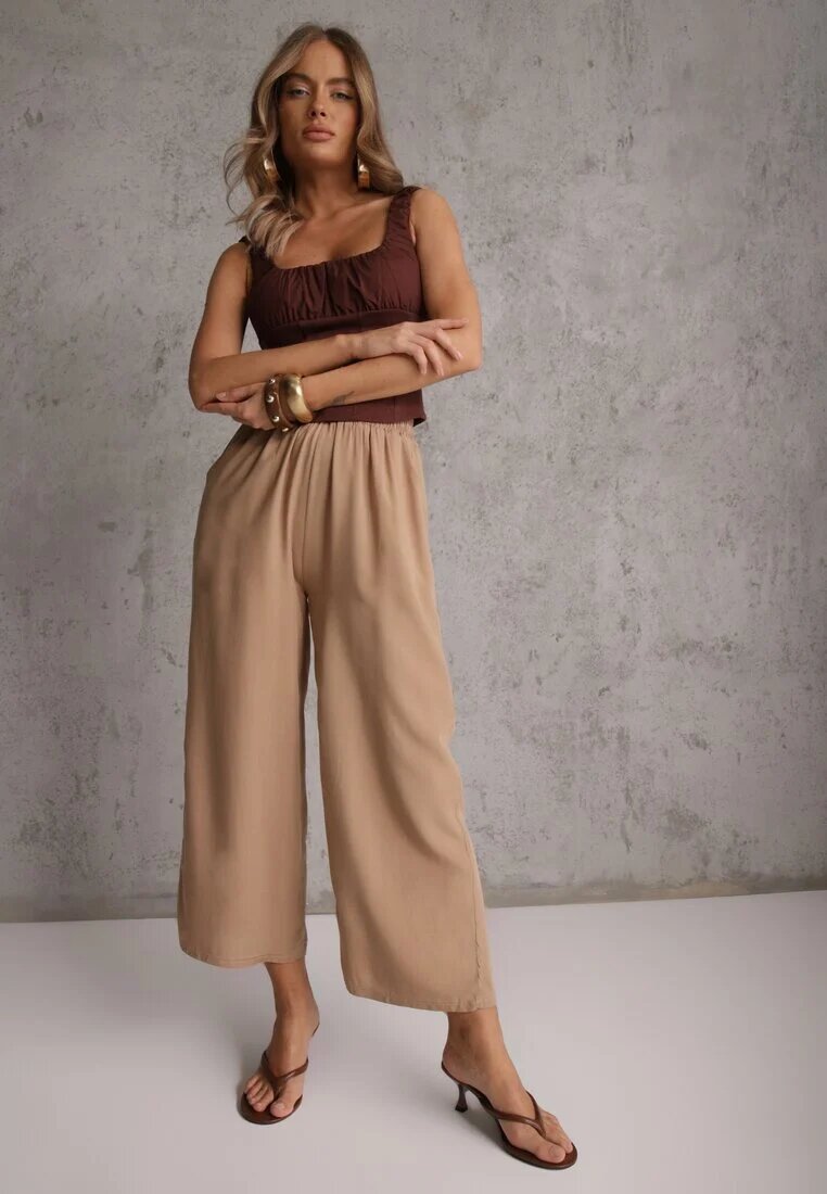 defox Pantaloni Bej închis din Bumbac Tip Palazzo cu Elastic în Talie Fieana