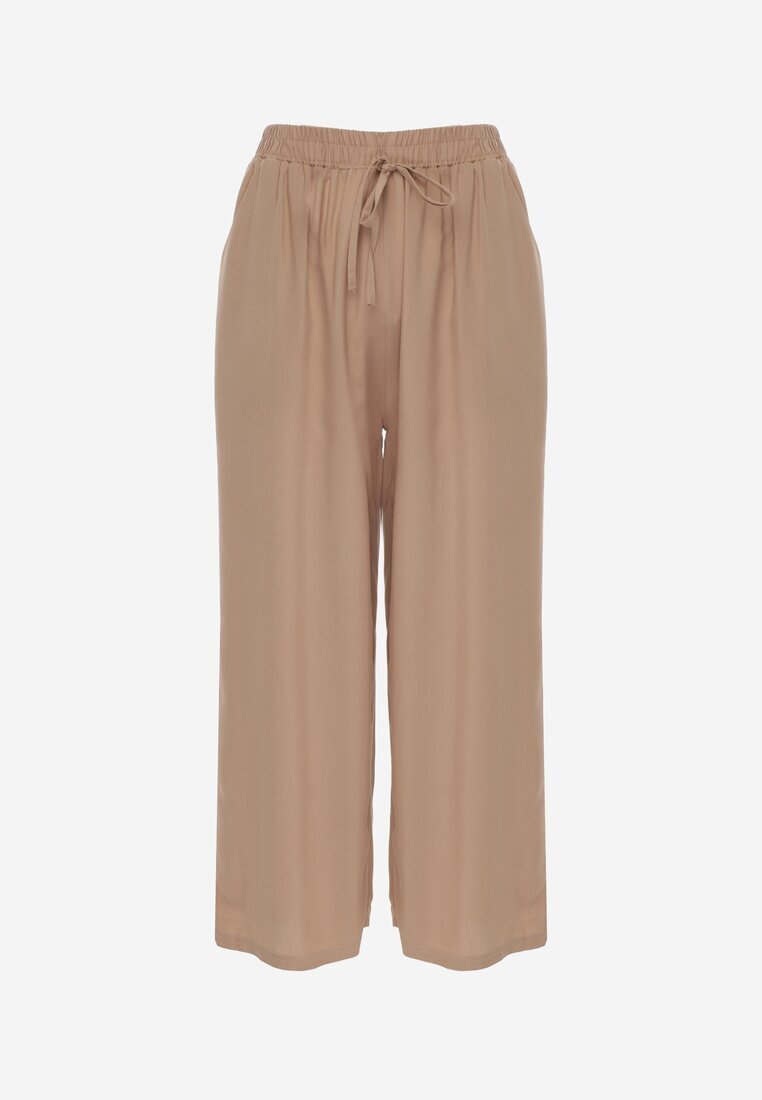 defox Pantaloni Bej închis din Bumbac Tip Palazzo cu Elastic în Talie Fieana