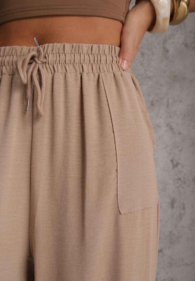 defox Pantaloni Bej închis Largi din Vâscoză cu Elastic în Talie Lealirre