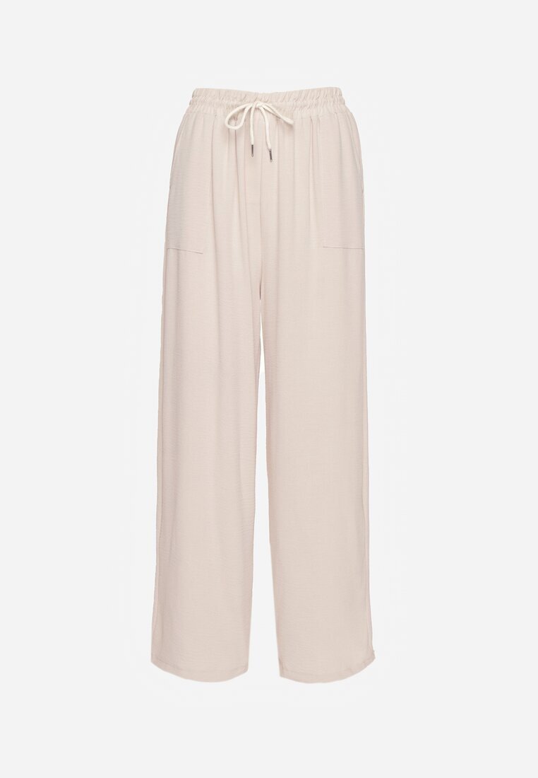 defox Pantaloni Bej Largi din Vâscoză cu Elastic în Talie Lealirre