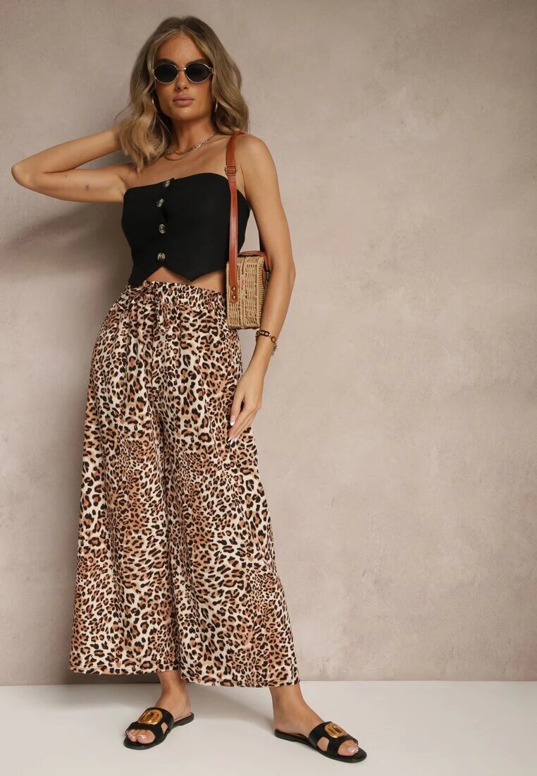 defox Pantaloni Bej-Maro Wide Leg cu Elastic în Talie cu Imprimeu Leopard Filanira