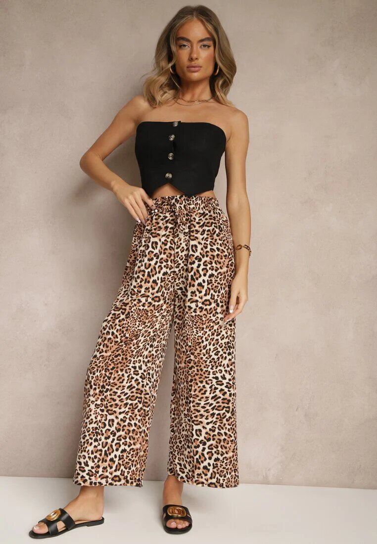 defox Pantaloni Bej-Maro Wide Leg cu Elastic în Talie cu Imprimeu Leopard Filanira