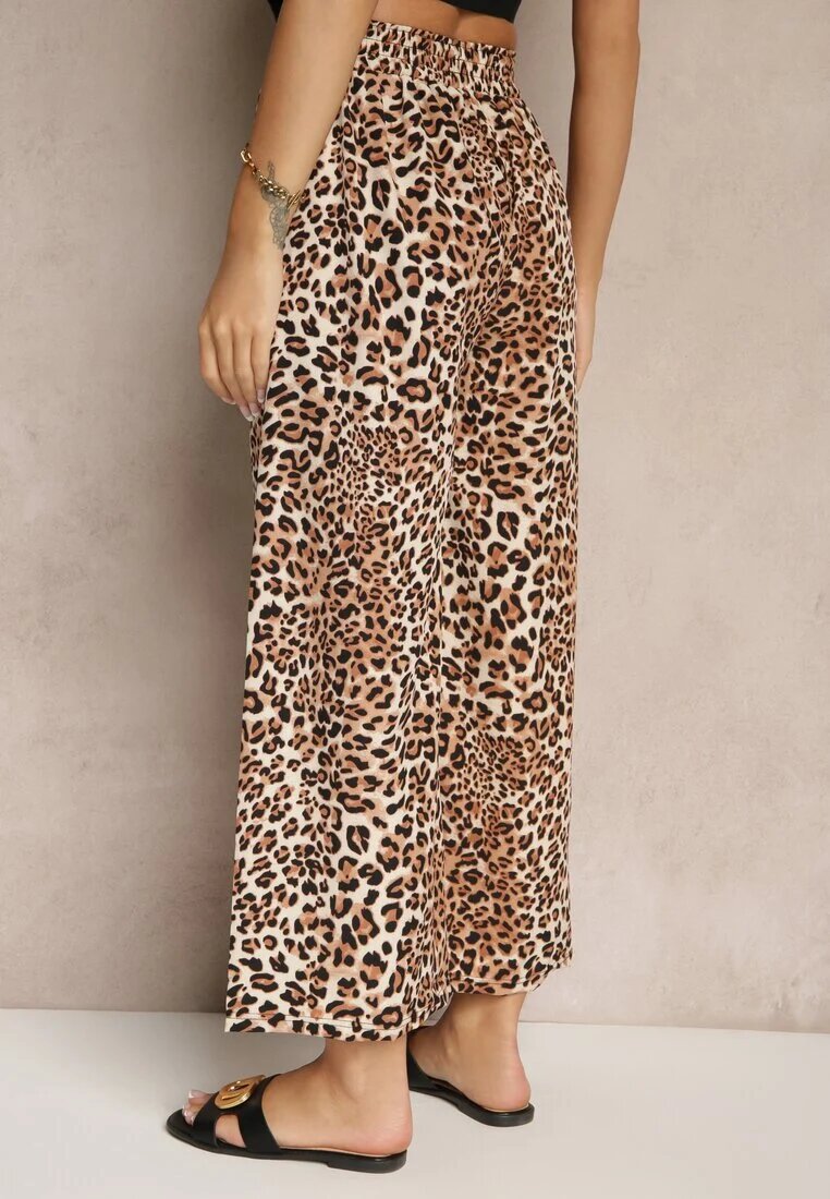 defox Pantaloni Bej-Maro Wide Leg cu Elastic în Talie cu Imprimeu Leopard Filanira