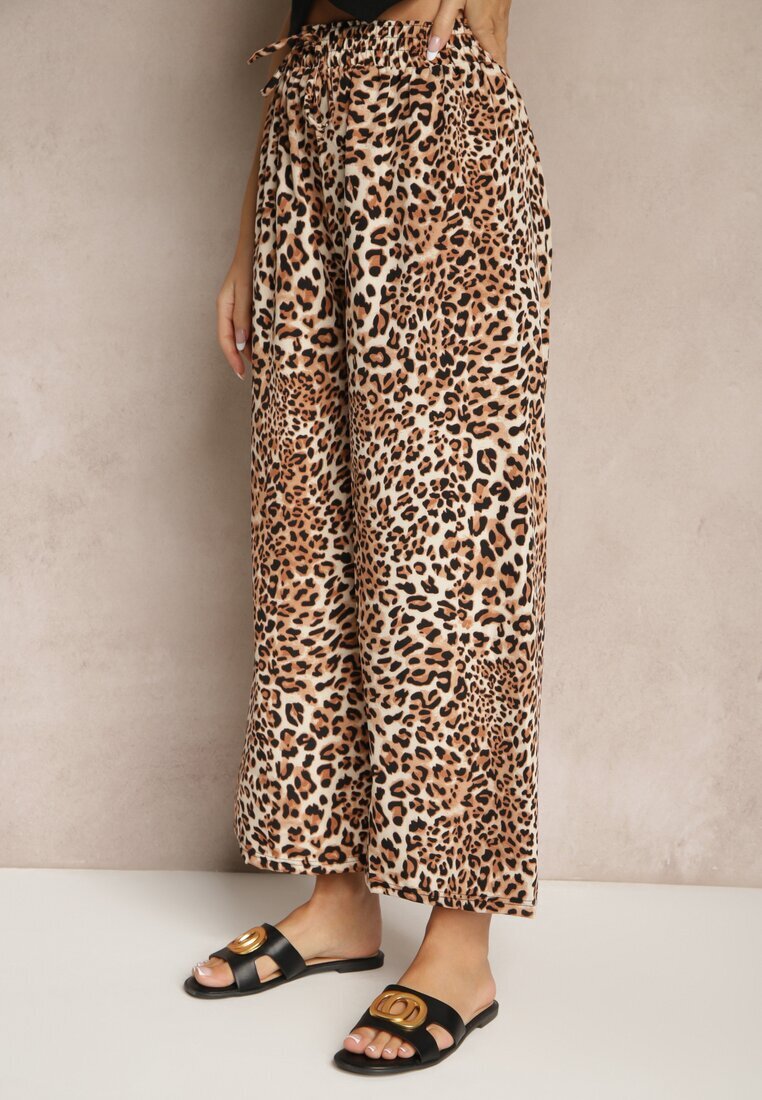 defox Pantaloni Bej-Maro Wide Leg cu Elastic în Talie cu Imprimeu Leopard Filanira