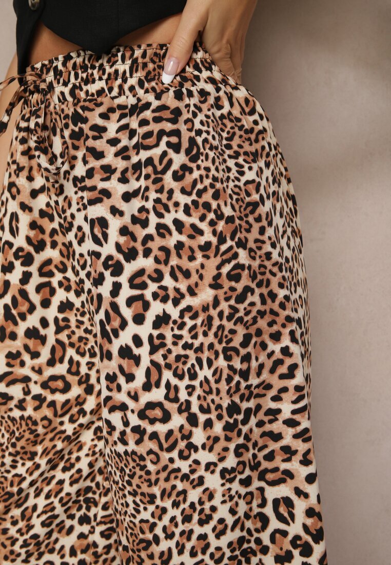 defox Pantaloni Bej-Maro Wide Leg cu Elastic în Talie cu Imprimeu Leopard Filanira