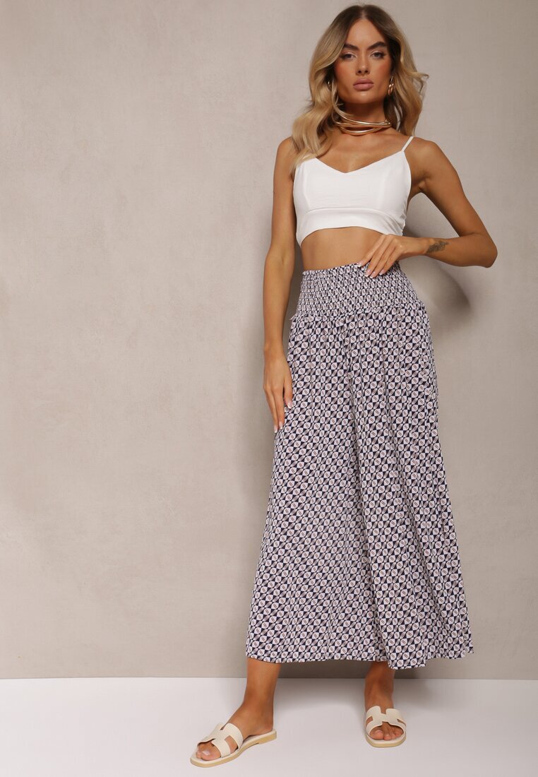 defox Pantaloni Bleumarin și Alb cu talie înaltă din bumbac cu picioare evazate și elastic Nereialla