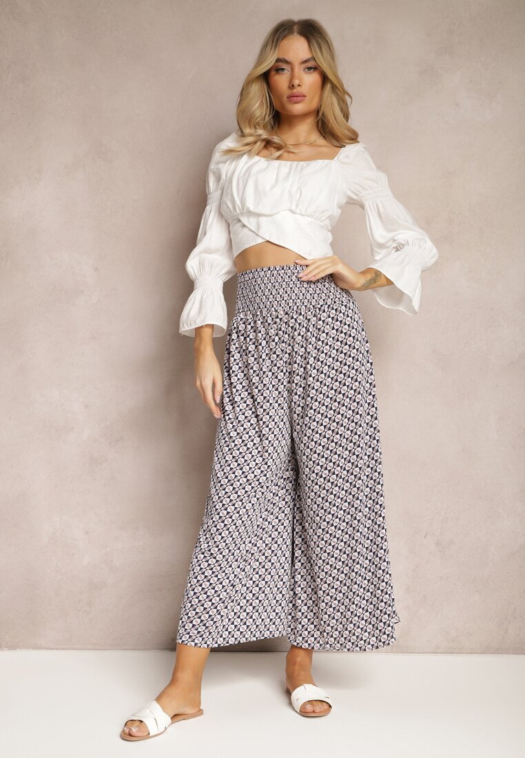 defox Pantaloni Bleumarin și Alb cu talie înaltă din bumbac cu picioare evazate și elastic Nereialla