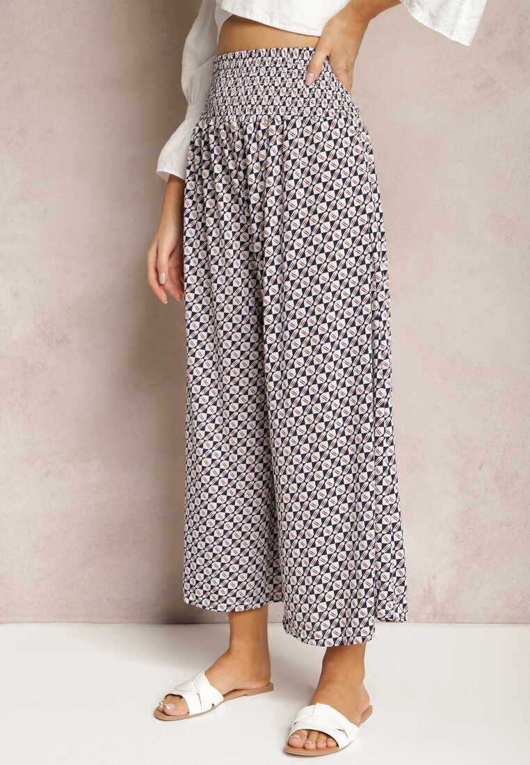 defox Pantaloni Bleumarin și Alb cu talie înaltă din bumbac cu picioare evazate și elastic Nereialla