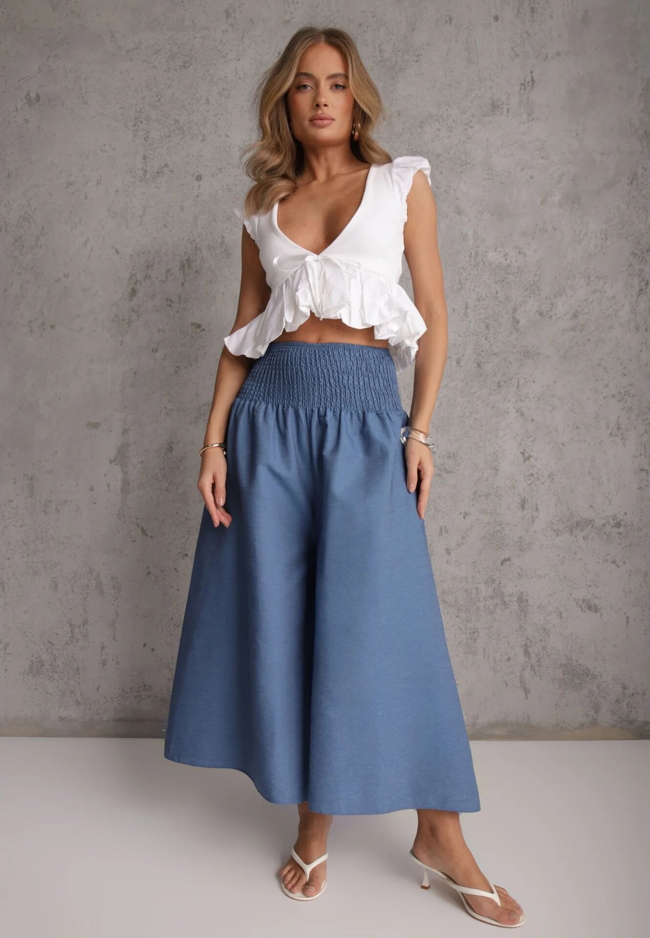defox Pantaloni Culotte Albastre deschise din Bumbac Talie înaltă cu Croială largă Finisați cu elastic în talie Alifrea
