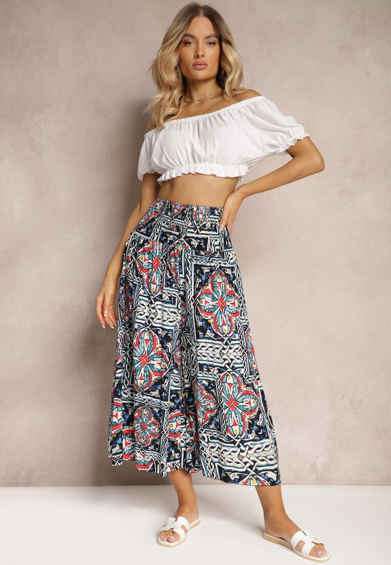 defox Pantaloni culotte bleumarin din bumbac talie înaltă cu elastic în talie Palovia