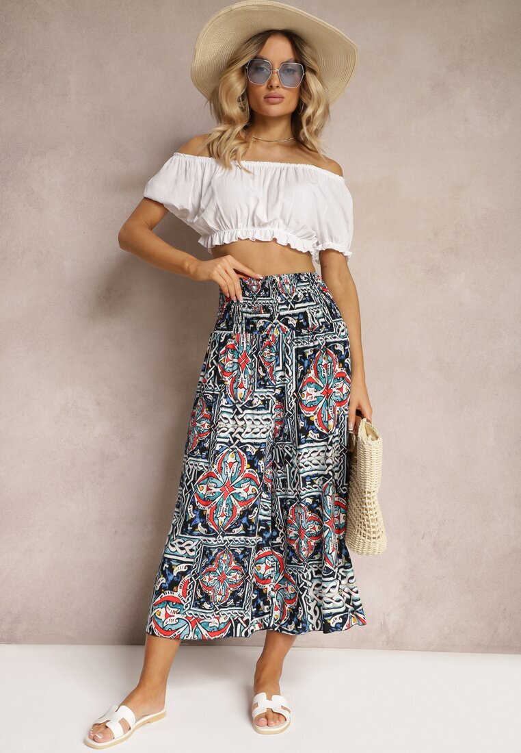 defox Pantaloni culotte bleumarin din bumbac talie înaltă cu elastic în talie Palovia