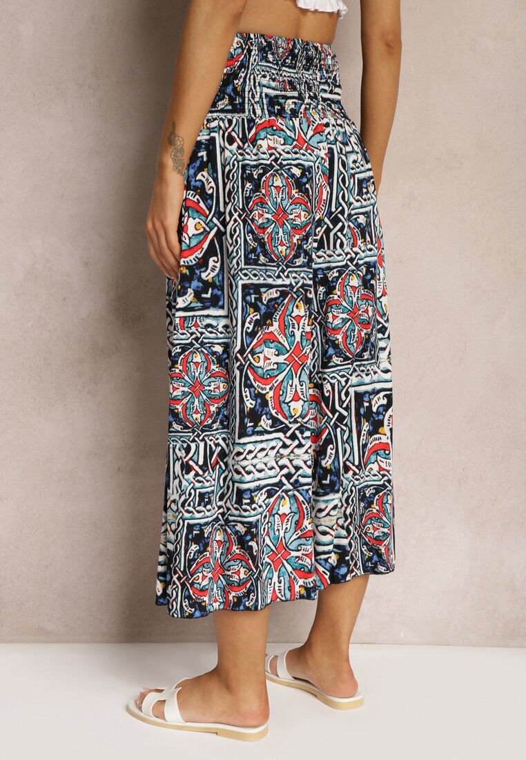 defox Pantaloni culotte bleumarin din bumbac talie înaltă cu elastic în talie Palovia