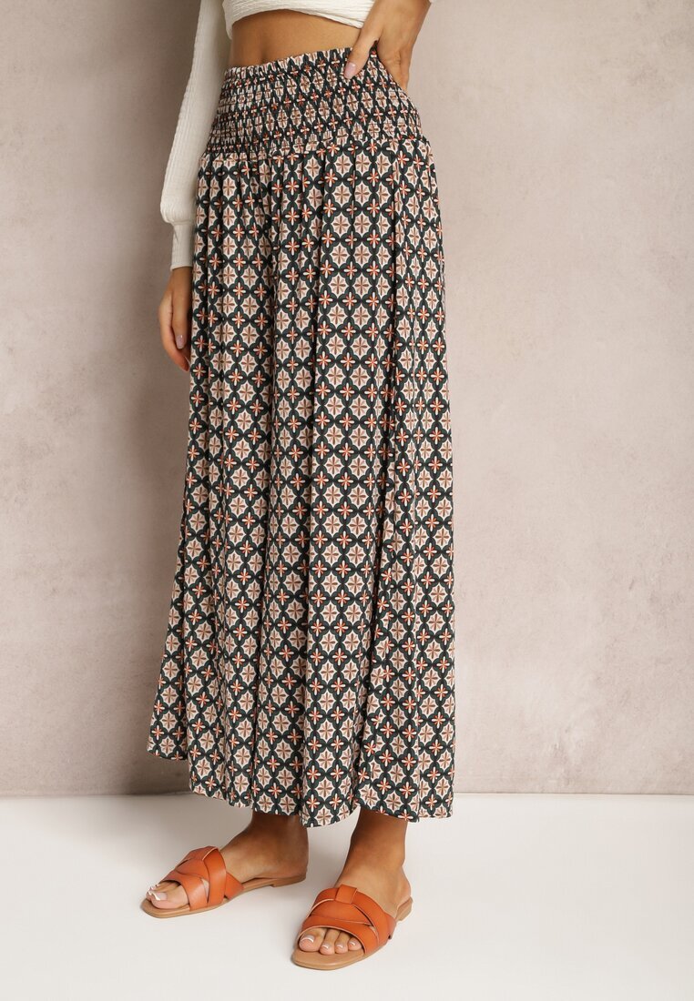defox Pantaloni culotte largi verde închis cu elastic în talie Zaphelia