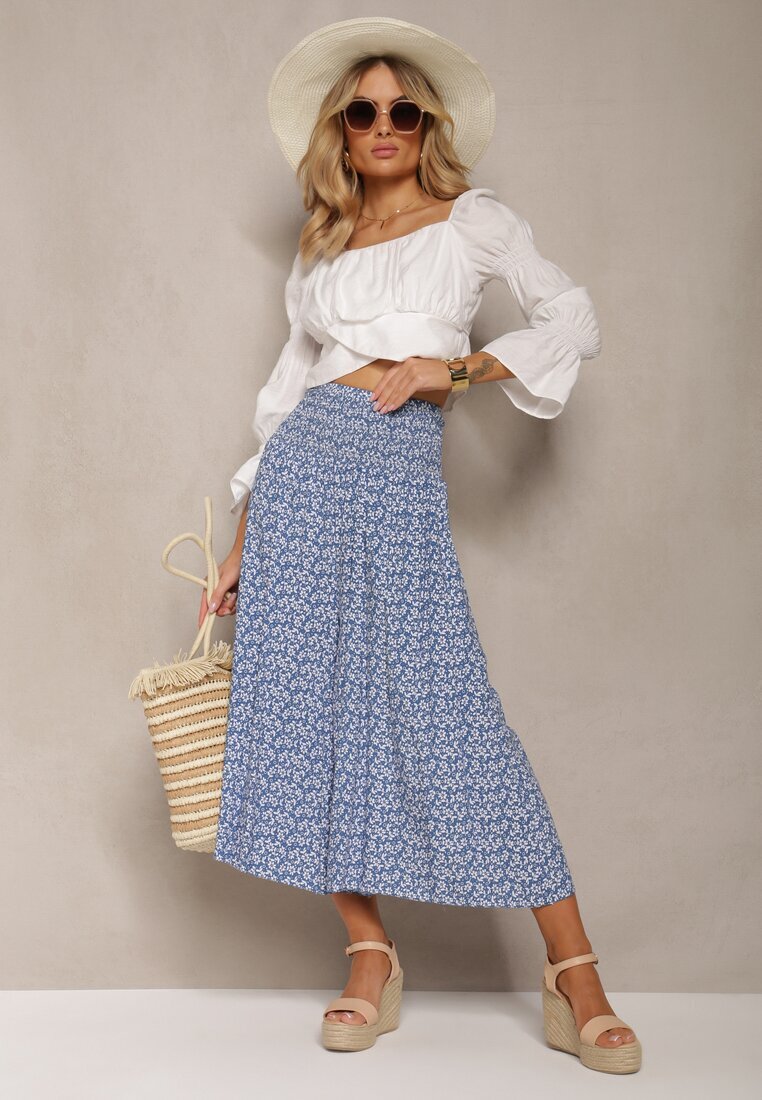 defox Pantaloni Culottes Albaștri de Bumbac cu bandă elastică lată în talie și imprimeu floral Pellagia