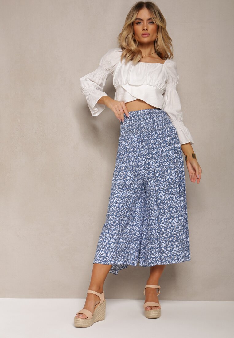 defox Pantaloni Culottes Albaștri de Bumbac cu bandă elastică lată în talie și imprimeu floral Pellagia