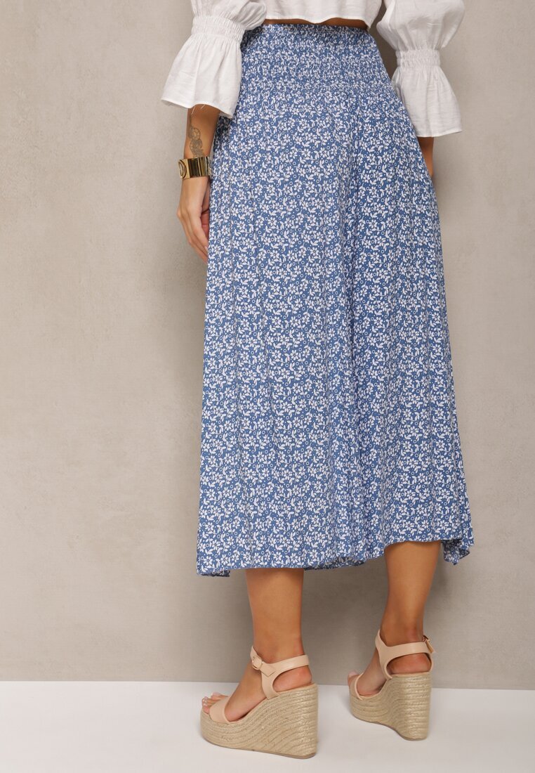 defox Pantaloni Culottes Albaștri de Bumbac cu bandă elastică lată în talie și imprimeu floral Pellagia