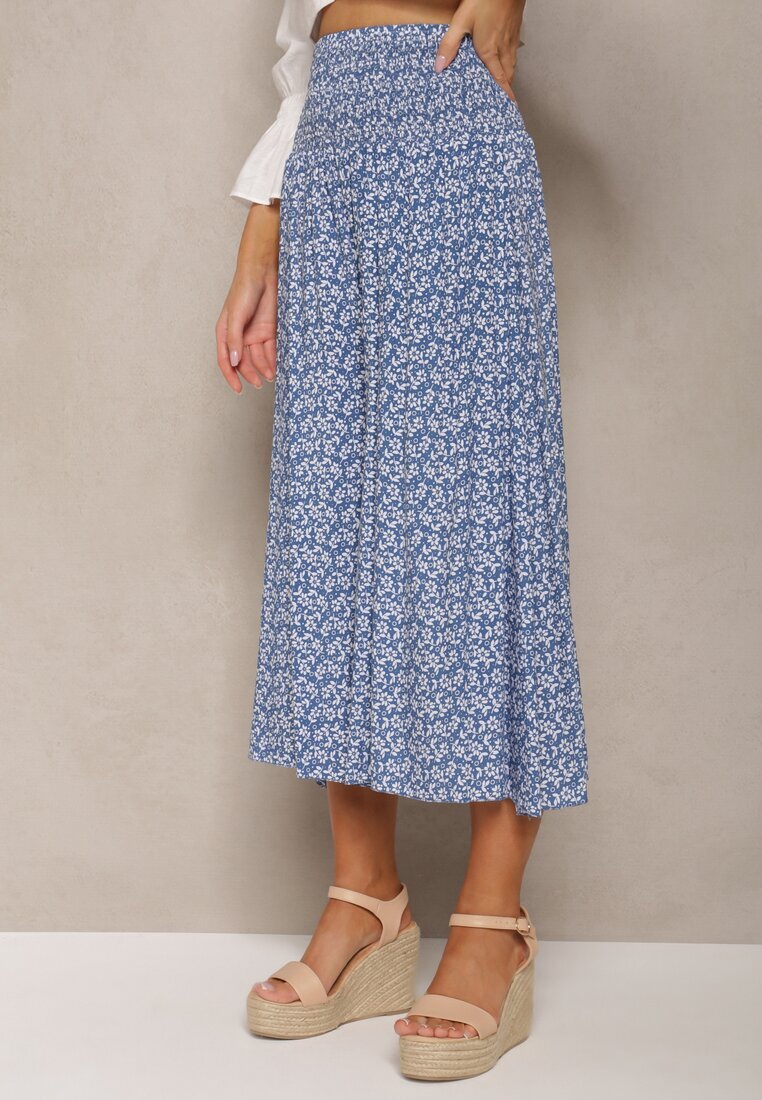 defox Pantaloni Culottes Albaștri de Bumbac cu bandă elastică lată în talie și imprimeu floral Pellagia