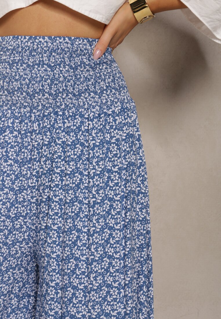 defox Pantaloni Culottes Albaștri de Bumbac cu bandă elastică lată în talie și imprimeu floral Pellagia