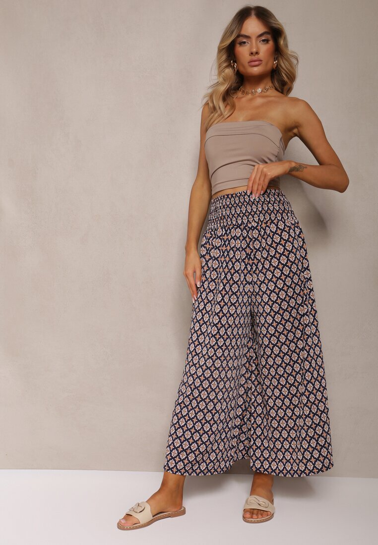 defox Pantaloni Culottes Bleumarin-Bej Largi cu elastic în talie Zaphelia