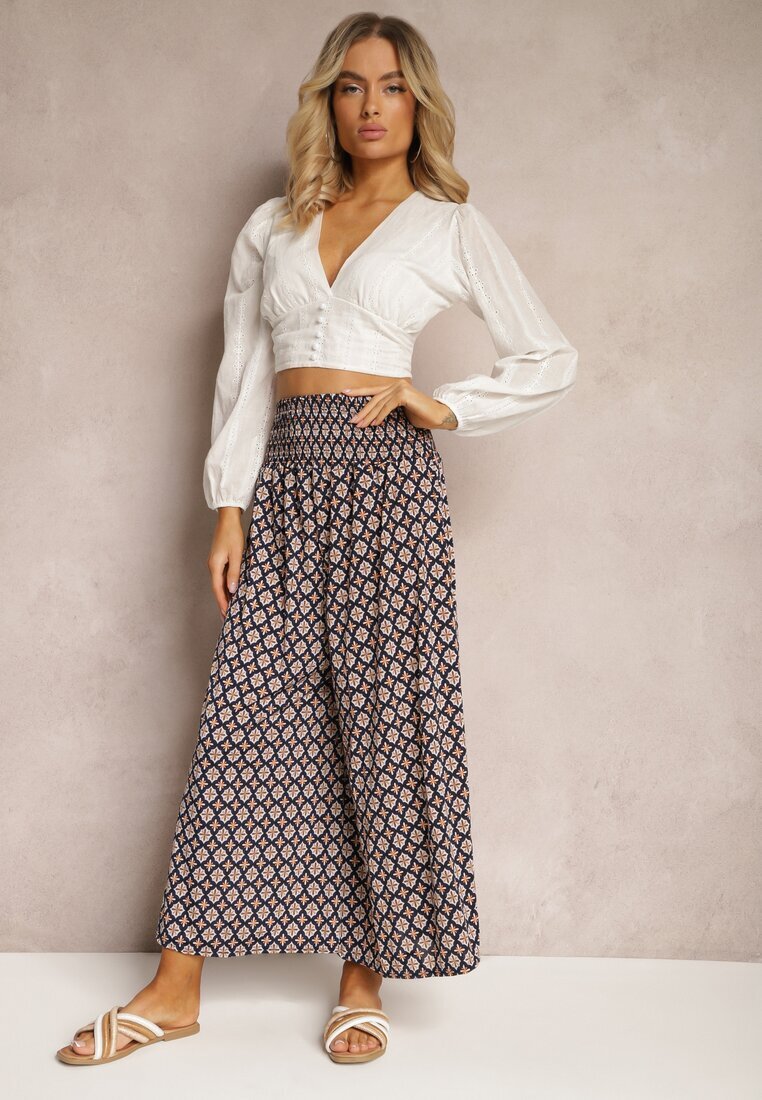 defox Pantaloni Culottes Bleumarin-Bej Largi cu elastic în talie Zaphelia