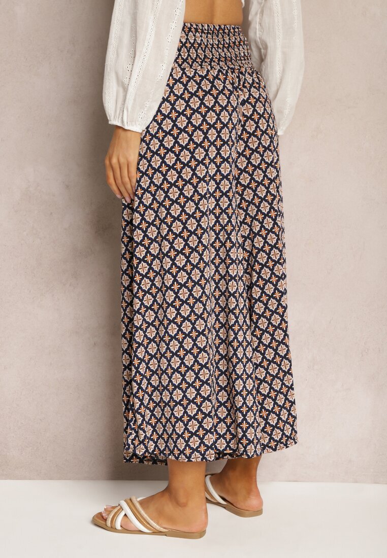 defox Pantaloni Culottes Bleumarin-Bej Largi cu elastic în talie Zaphelia