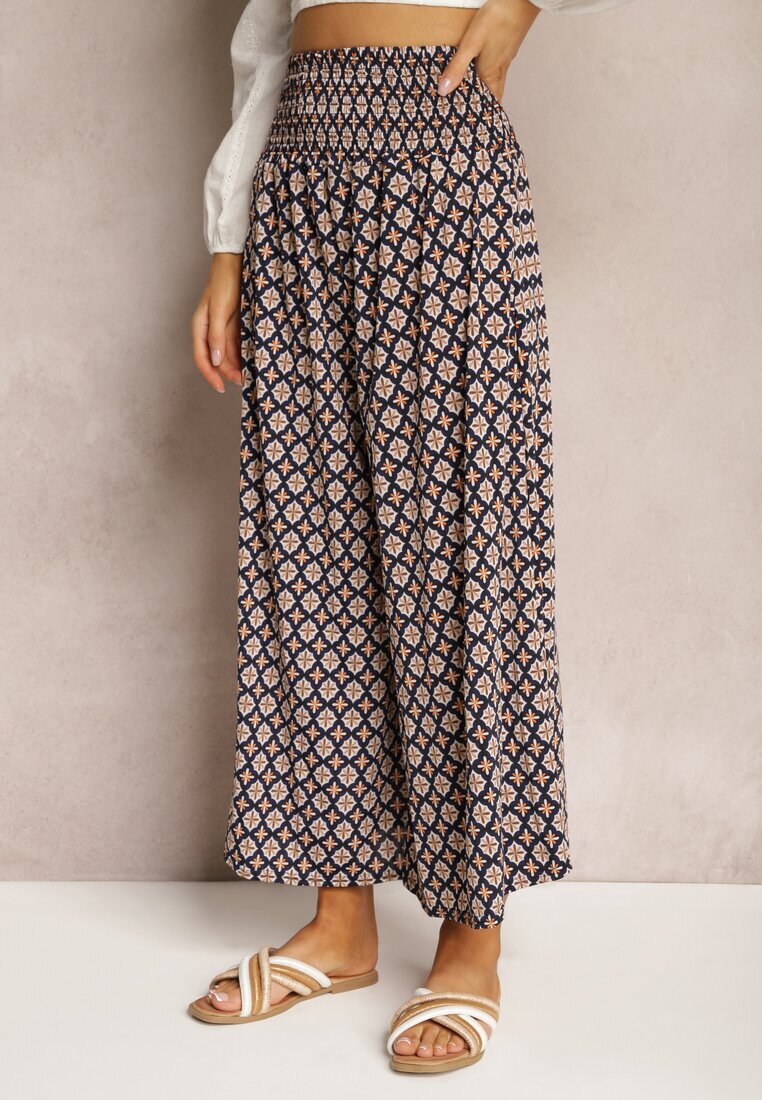 defox Pantaloni Culottes Bleumarin-Bej Largi cu elastic în talie Zaphelia