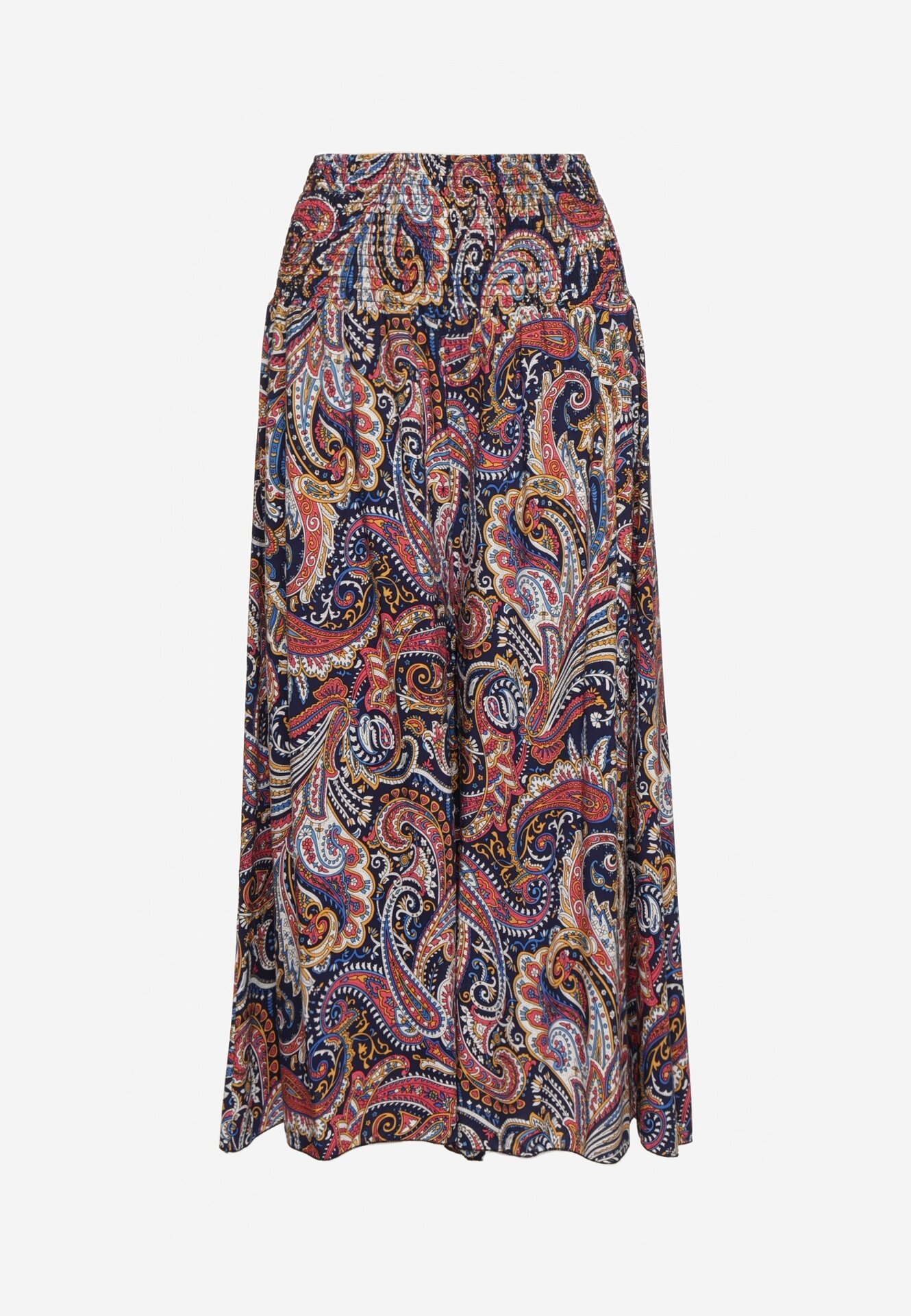 defox Pantaloni Culottes Bleumarin din Țesătură de Bumbac Decorate cu Model Paisley Gwinamas