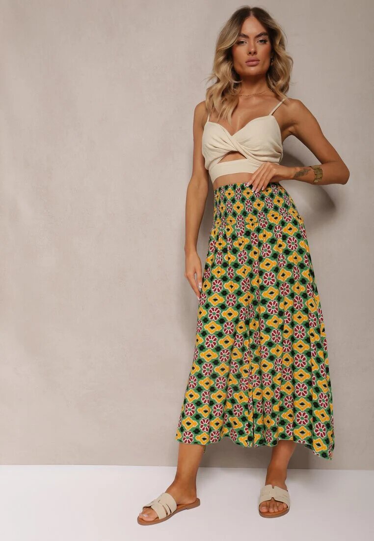 defox Pantaloni Culottes Largi Galben-Verzi din Țesătură de Bumbac cu Model Mozaic Miratte