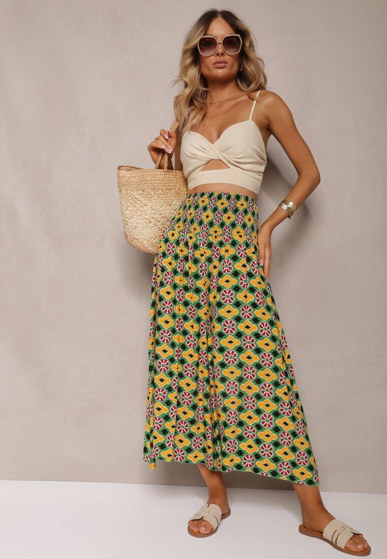 defox Pantaloni Culottes Largi Galben-Verzi din Țesătură de Bumbac cu Model Mozaic Miratte