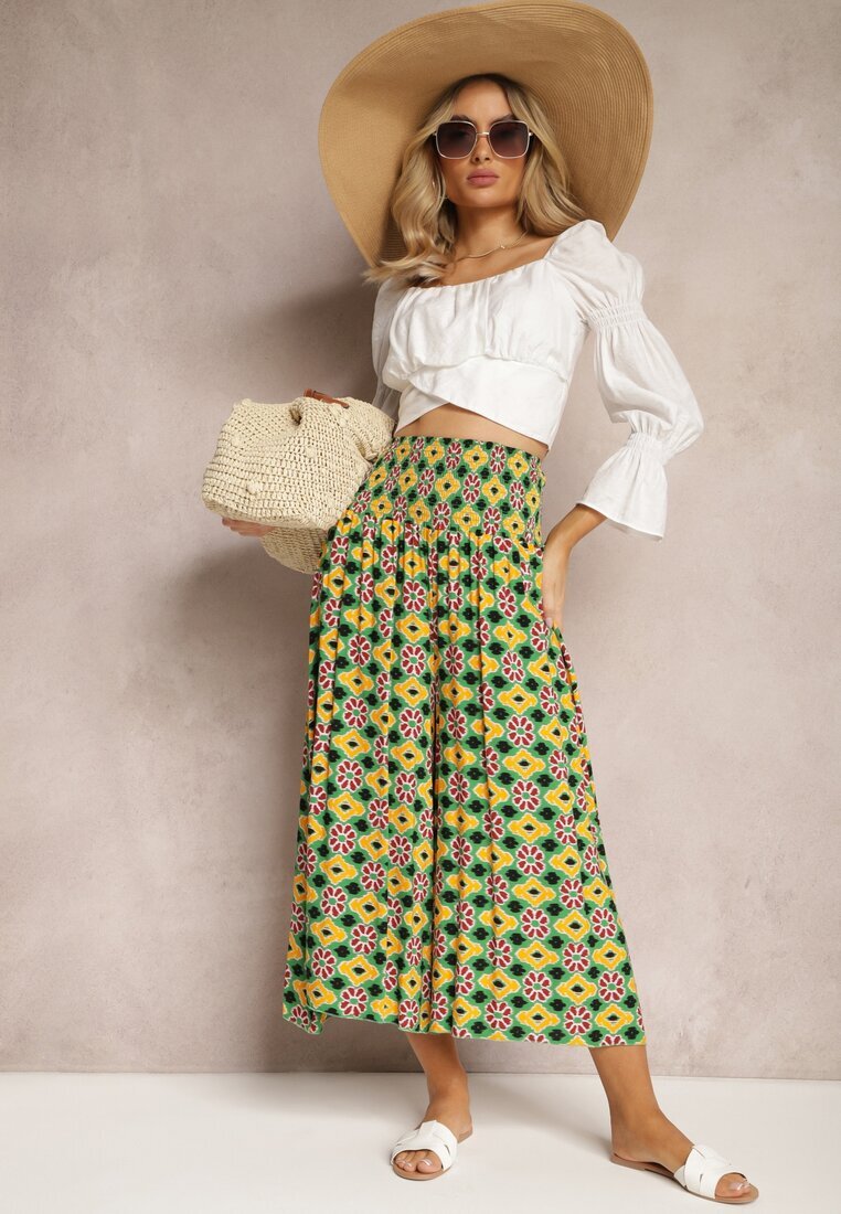 defox Pantaloni Culottes Largi Galben-Verzi din Țesătură de Bumbac cu Model Mozaic Miratte