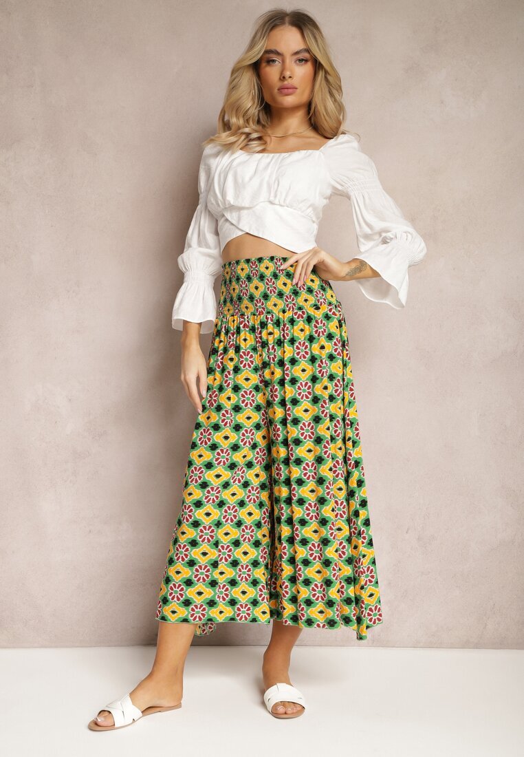 defox Pantaloni Culottes Largi Galben-Verzi din Țesătură de Bumbac cu Model Mozaic Miratte