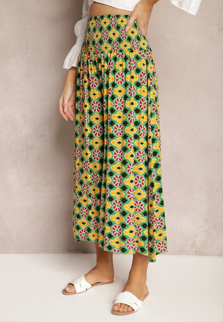 defox Pantaloni Culottes Largi Galben-Verzi din Țesătură de Bumbac cu Model Mozaic Miratte