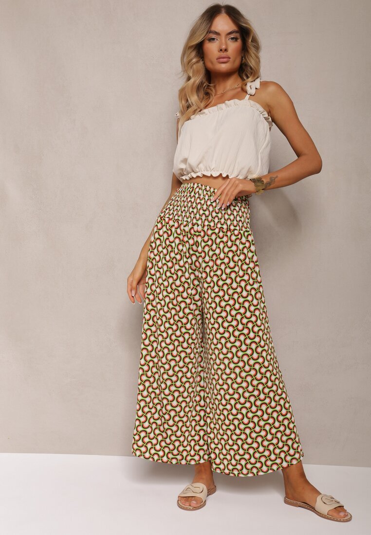 defox Pantaloni Culottes Verde deschis cu picioare largi și elastic în talie Demia