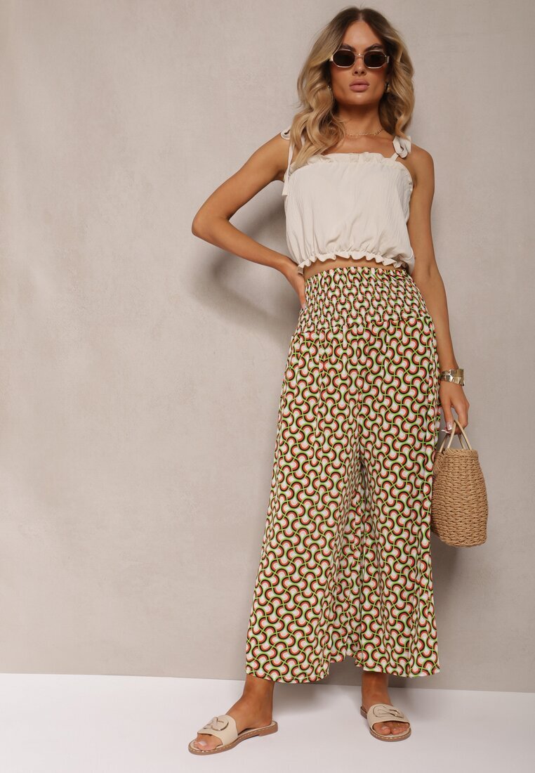 defox Pantaloni Culottes Verde deschis cu picioare largi și elastic în talie Demia