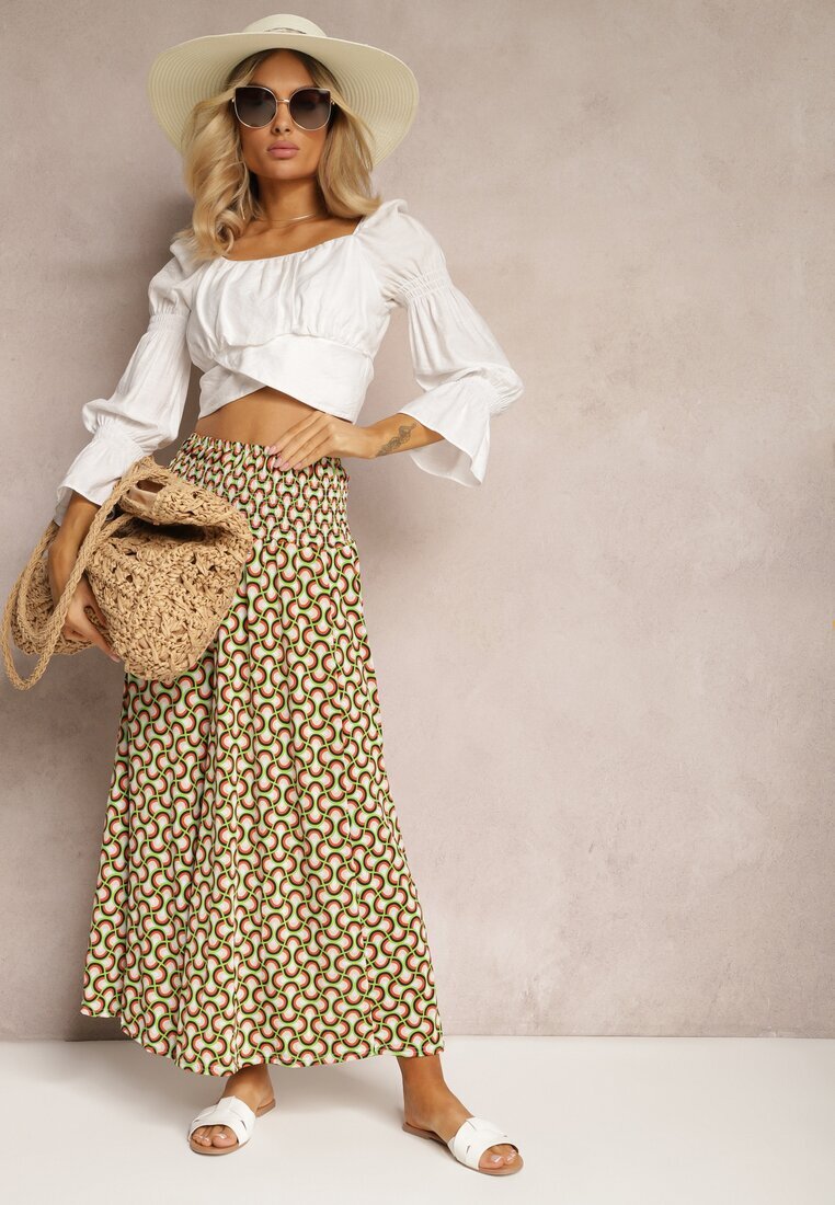 defox Pantaloni Culottes Verde deschis cu picioare largi și elastic în talie Demia