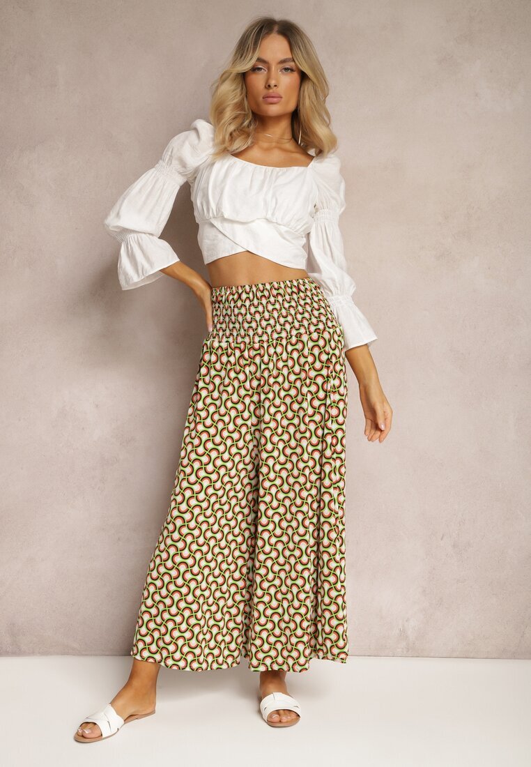 defox Pantaloni Culottes Verde deschis cu picioare largi și elastic în talie Demia
