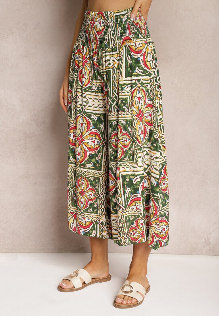 defox Pantaloni culottes Verde-Roz din Bumbac talie înaltă cu elastic în talie Palovia