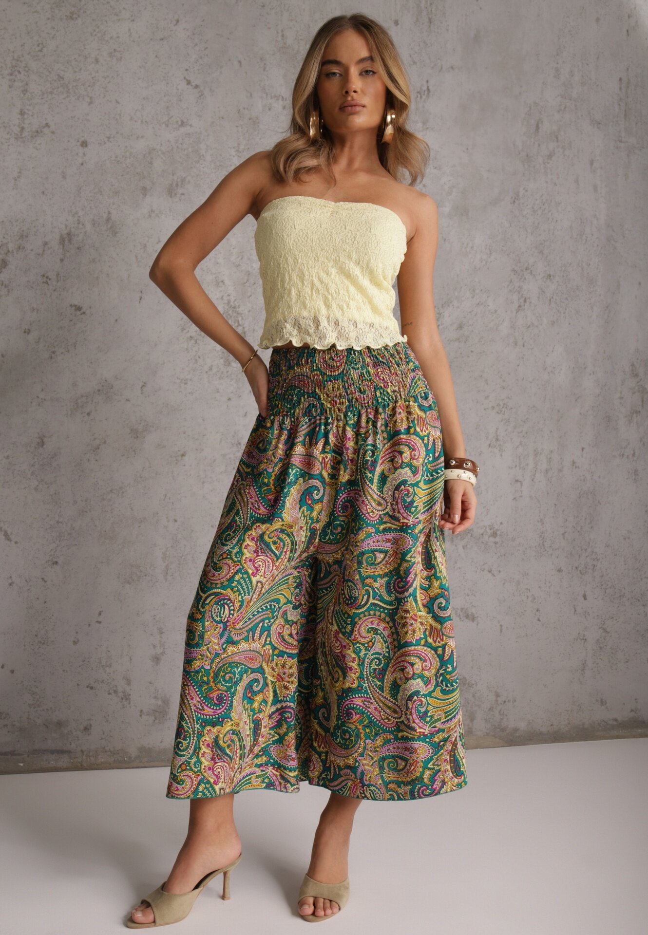 defox Pantaloni Culottes Verzi din Țesătură de Bumbac Decorați cu Model Paisley Gwinamas