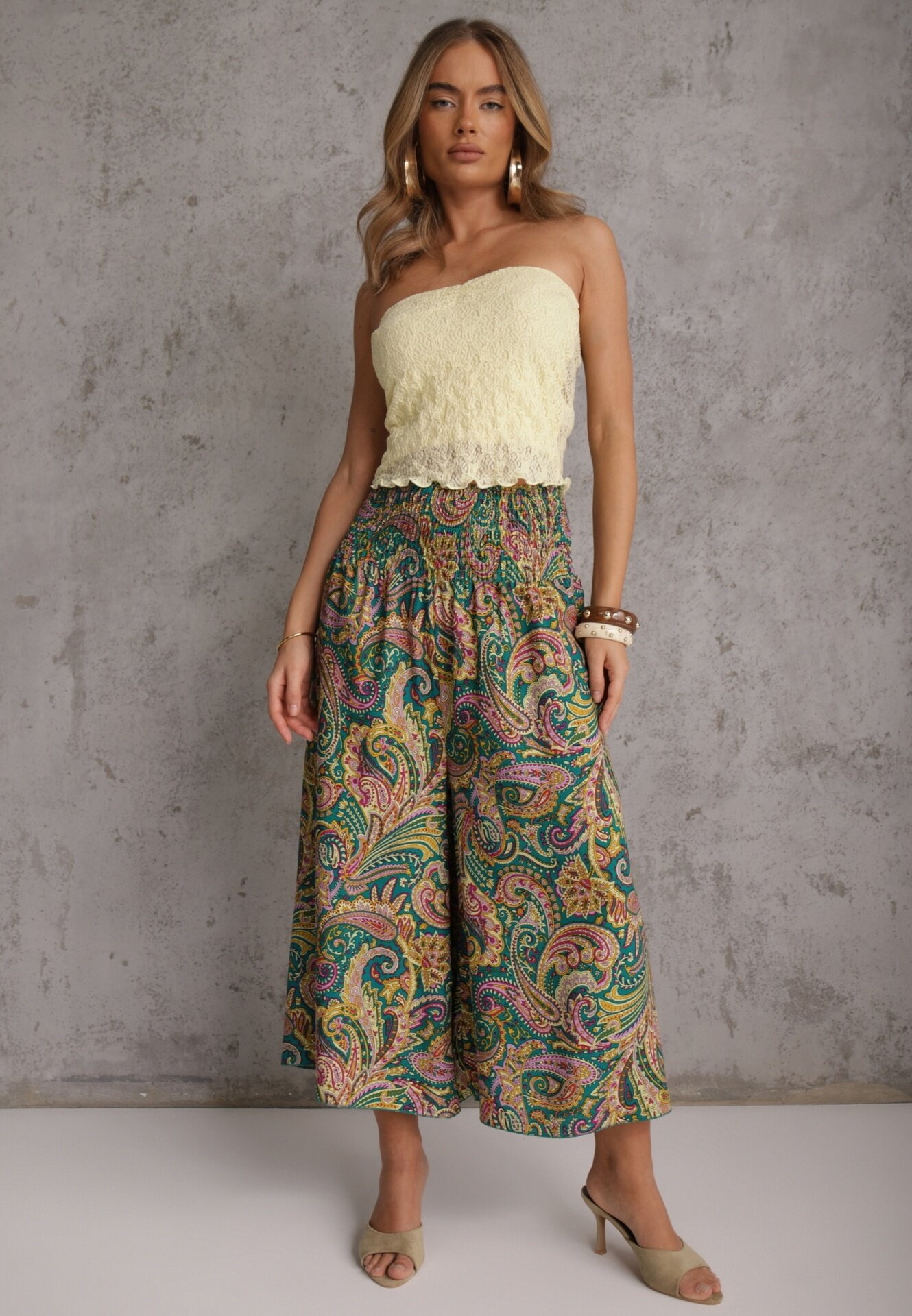defox Pantaloni Culottes Verzi din Țesătură de Bumbac Decorați cu Model Paisley Gwinamas