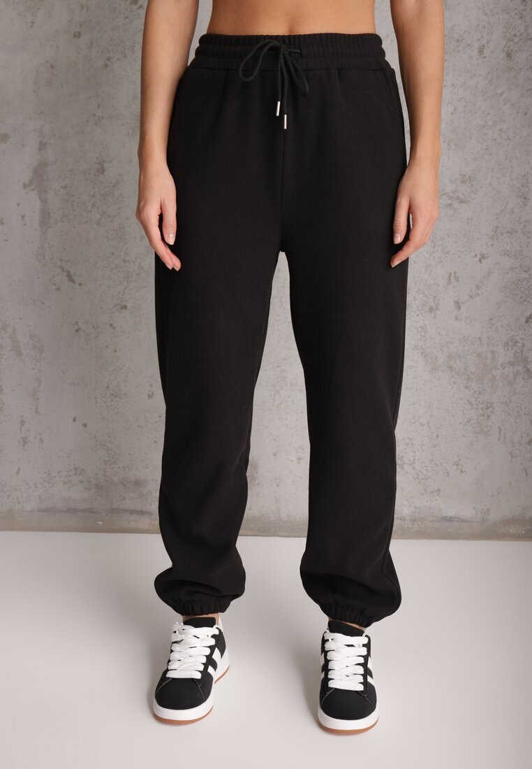 defox Pantaloni de Trening Negri din Bumbac Căptușiți Decorați cu Șnur Citila