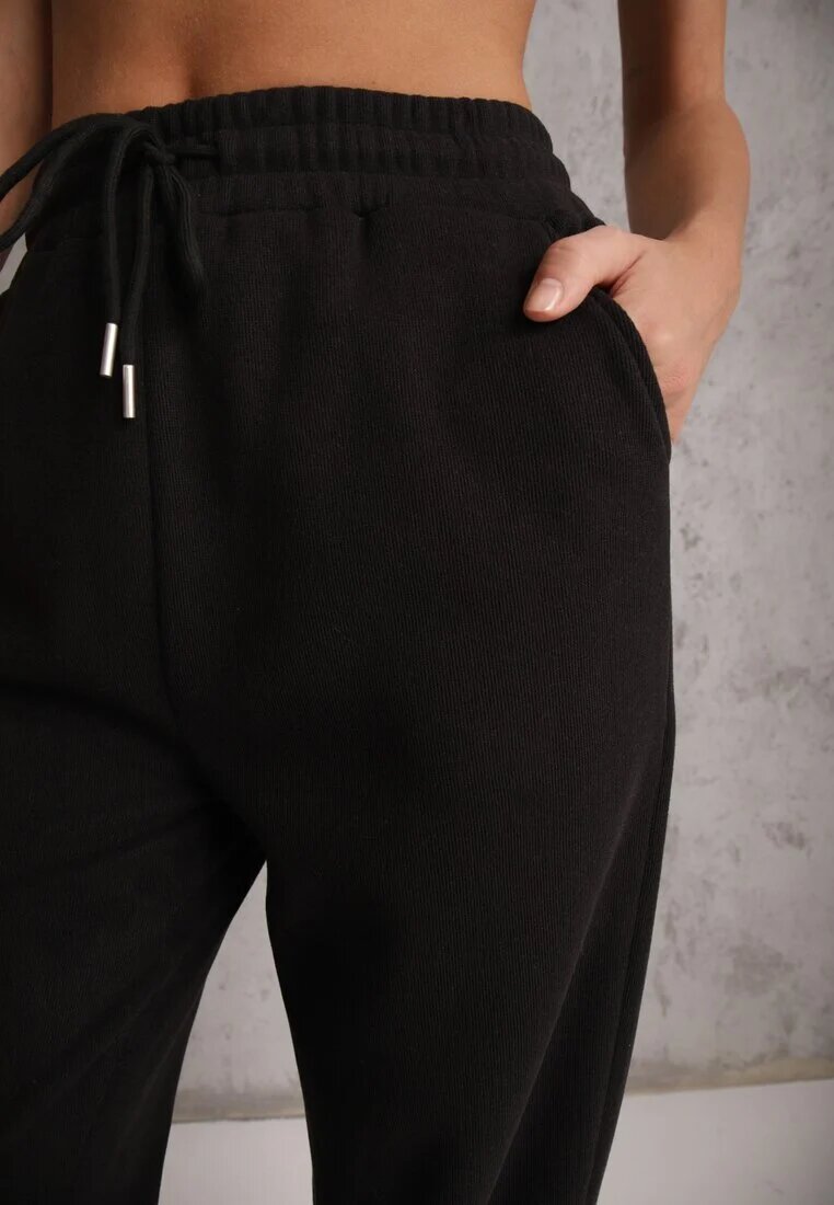 defox Pantaloni de Trening Negri din Bumbac Căptușiți Decorați cu Șnur Citila
