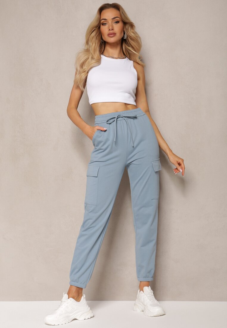 defox Pantaloni din bumbac albaștri cu talie elastică în stil sport Cargo Lofriena
