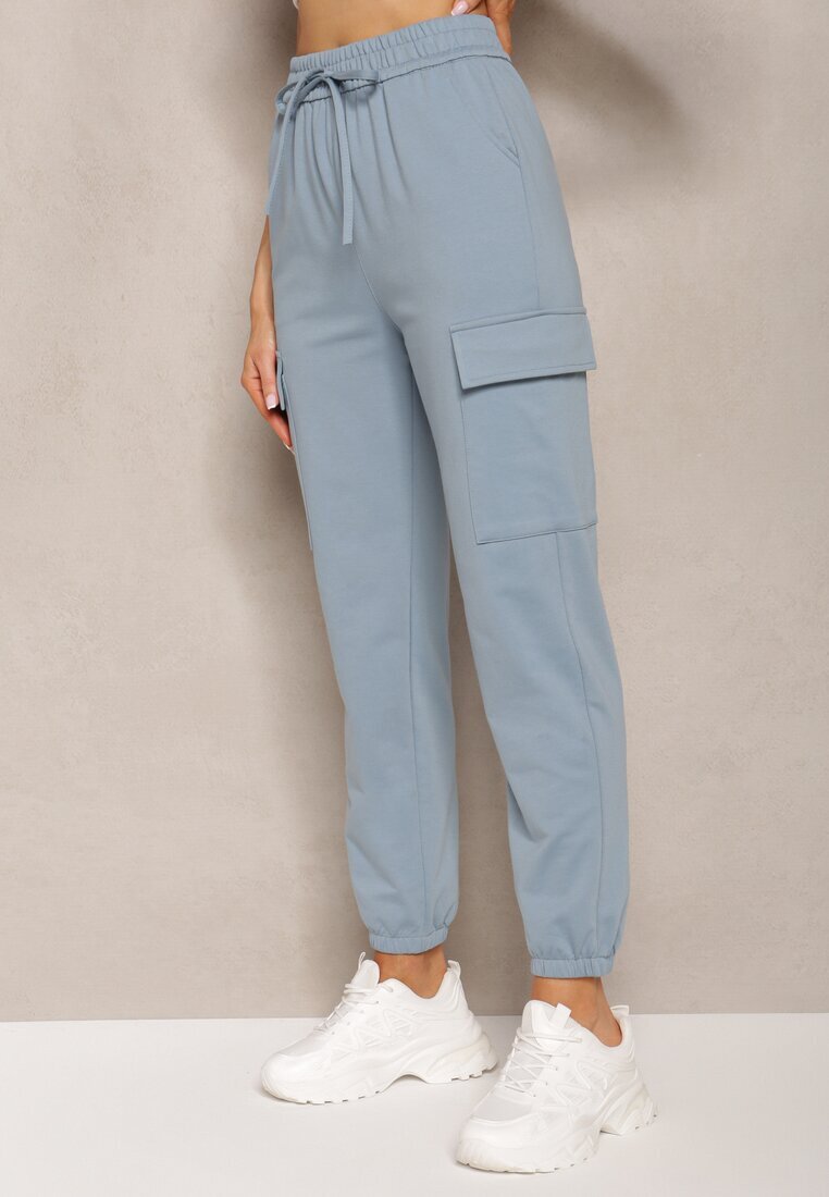 defox Pantaloni din bumbac albaștri cu talie elastică în stil sport Cargo Lofriena