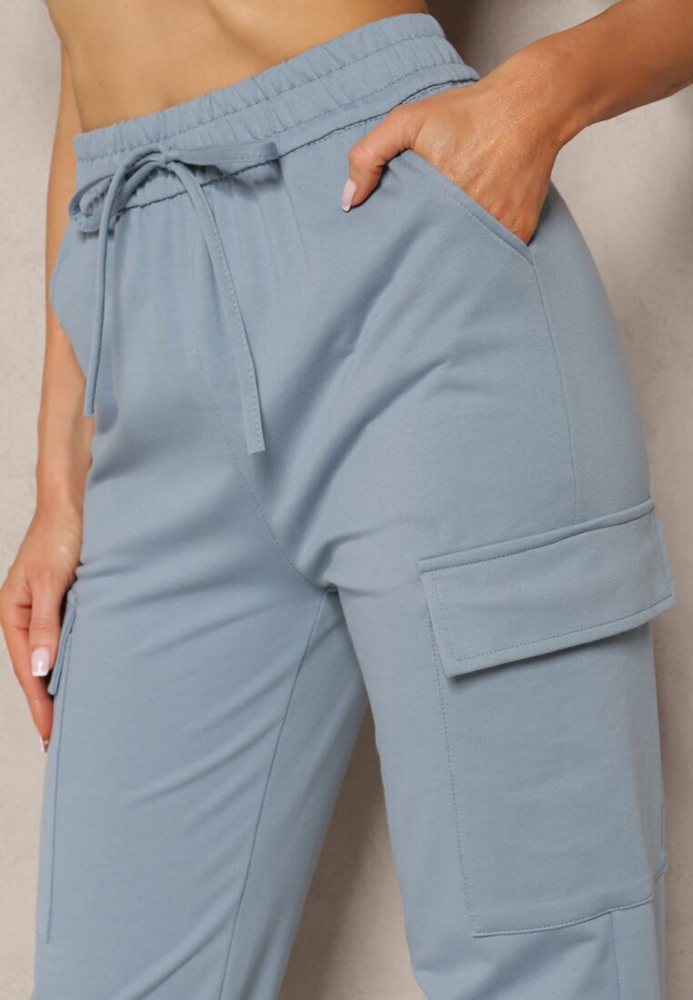 defox Pantaloni din bumbac albaștri cu talie elastică în stil sport Cargo Lofriena