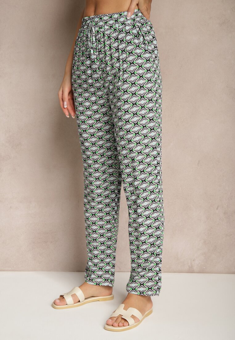 defox Pantaloni din bumbac verzi cu buzunare cu imprimeu geometric Lisariella