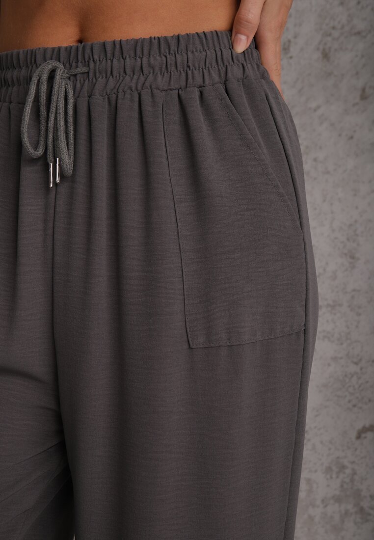 defox Pantaloni Gri Largi din Viscoză cu Elastic în Talie Lealirre