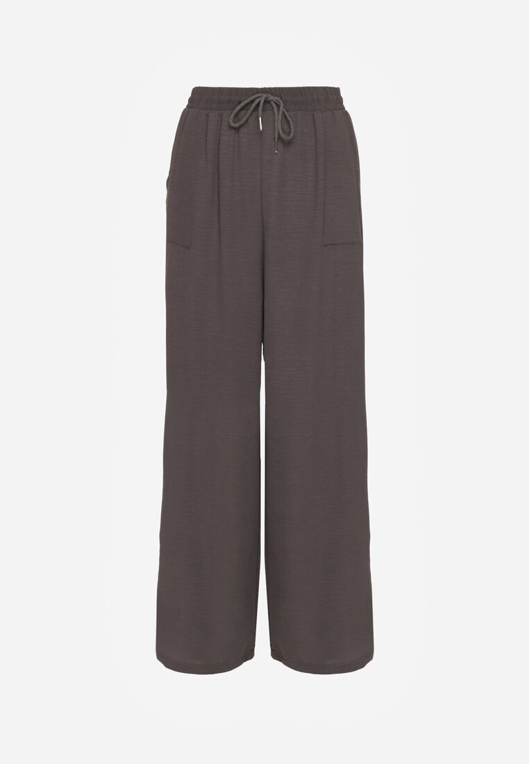 defox Pantaloni Gri Largi din Viscoză cu Elastic în Talie Lealirre